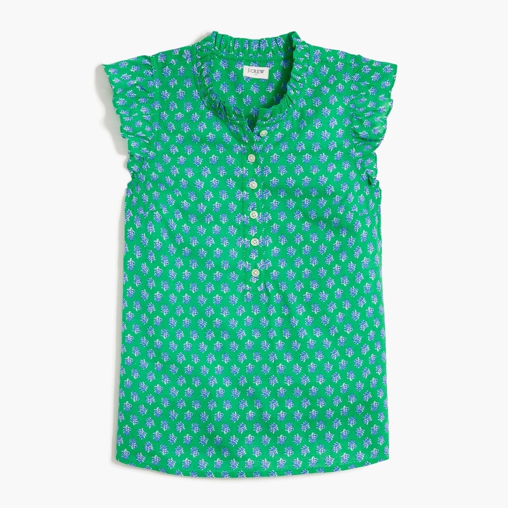 J.Crew Flutter Sleeve Printed Top Green White Women’s Size S Like New